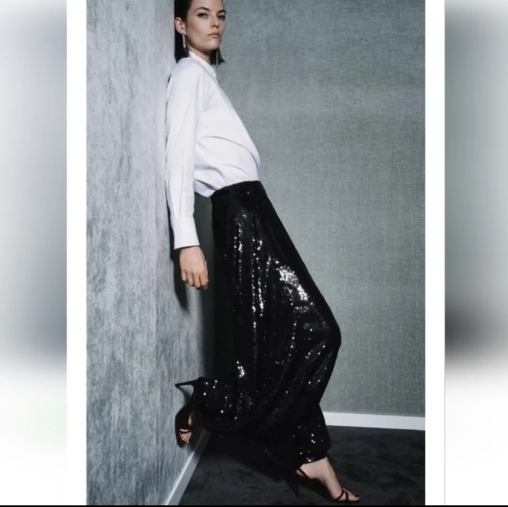 Zara SEQUIN BALLOON PANTS BLACK